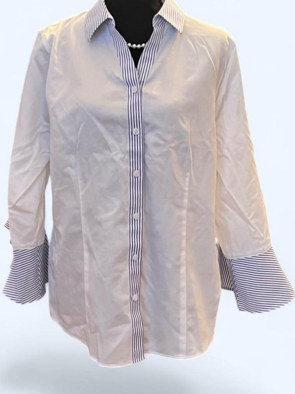 Chico's White Button-Down Shirt with Navy Stripe Trim